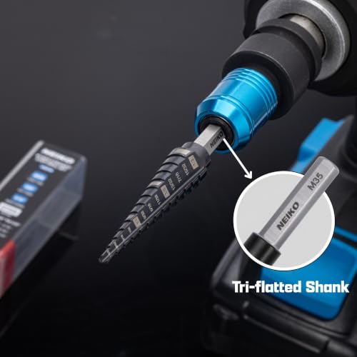 Image of NEIKO 10194B Step Drill Bit, 10 Steps 1 /4 inch to 1-3 /8 inch Straight M35 Cobalt, AlTiSiN Coated, 3 /8 inch Tri-Flat Step Bits for Steel, Metal, Wood, Plastic, Unibit Cone Drill Bits, Two Flute