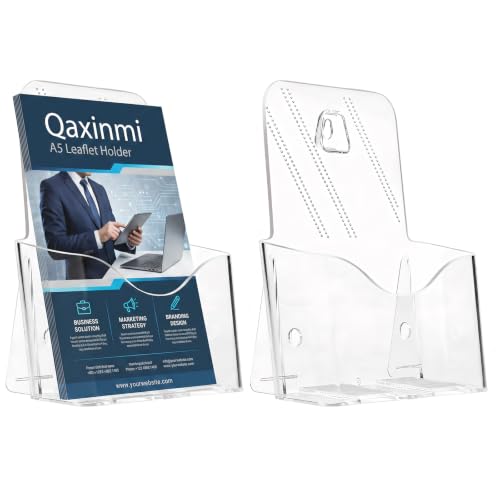 Qaxinmi A5 Leaflet Holder 2-Pack Clear Acrylic Portrait Brochure Holder Wall Mount or Countertop Literature Display Stand Single Pocket Flyer Dispenser for Reception Desk Office Shop Exhibition