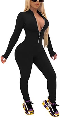 XXTAXN Women's Sexy Bodycon Long Sleeve V Neck Zipper Jumpsuit Rompers Black