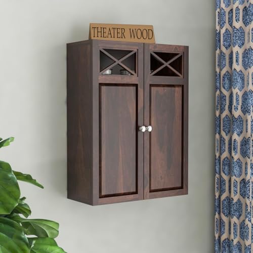 Image of Sheesham Wood Kitchen Cabinet for Home | Wall Mounted Kitchen Rack with Storage | Wooden Kitchen Unit /Organizer with 2 Door Cabinet Furniture with Storage | (Walnut Finish)