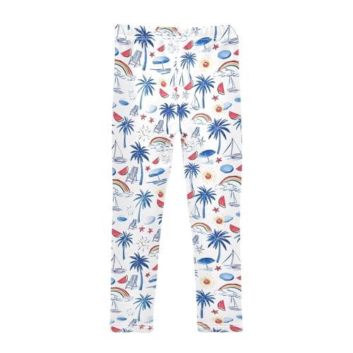 Girls' Athletic Leggings Ankle Length Yoga Dance Pants Kids Teen 4T Blue Palm Tree2