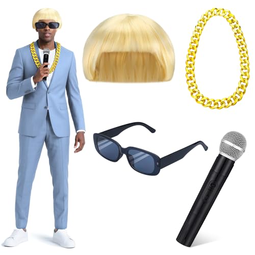 Suncalla 5 Pcs Rapper Halloween Costume Accessories Rapper Wig and Rectangular Glasses Street Necklace Microphone Prop, Halloween Costume Accessories Kit for Adult Cosplay Party