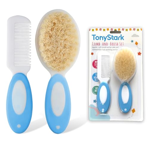 Image of TONY STARK Baby Brush and Comb Set, Newborn Essentials Set with Baby Comb and Soft Bristle Hair Brush for Your Toddler's Scalp (Blue)