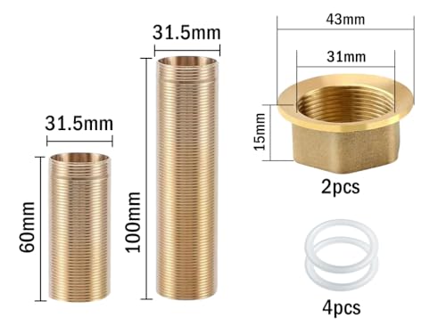 Hitopin 2 Stück Mutter Kit für Küchenarmatur, Wasserhahn-Reparaturset, Wasserhahnverlängerung Mit Gewinderohr, Messing Rohrmutter, mit 4 Gummidichtungen, für Montage von Armaturen(6CM,10CM)