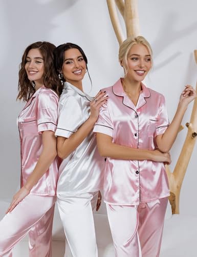 Image of SWOMOG Women Satin Pajamas Set Short Sleeve Top & Pants Sleepwear Silky Button Down Nightwear 2pcs Loungewear Pjs Set