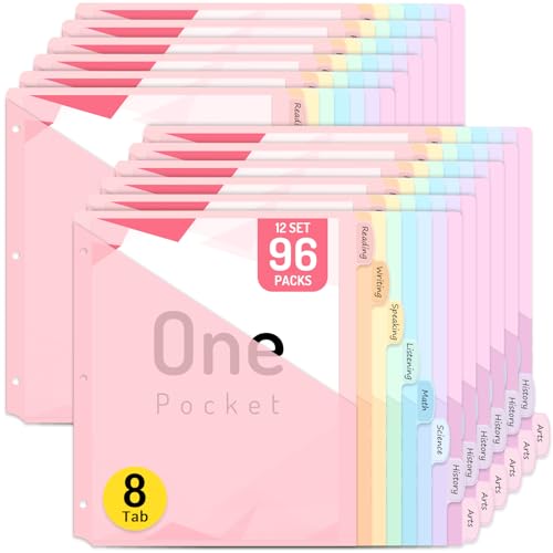 Forvencer 96 Count Dividers for 3 Ring Binder, 8 tabs Binder Dividers with Pocket for US Letter Size, Binder Dividers with Tabs for School Office and Home Organization, Multicolor, 12 Sets