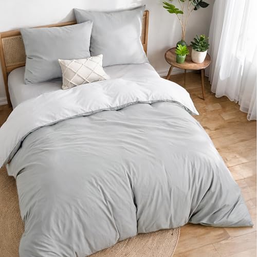 Dreamzie Funda nordica Cama 150/160 Algodon - Funda edredon 240x220 con Cierre + 2 Fundas Almohada 80x80 - Juego de Cama Liso y Reversible - Gris Claro