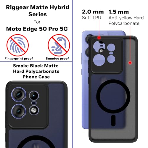 RIGGEAR Shockproof Sleek Hybrid Armor Back Cover Case Compatible with MagSafe Accessories for Motorola Moto Edge 50 Pro 5G (Smoke Black Matte PC + Black TPU Bumper) 5 41zfc1V0RLL