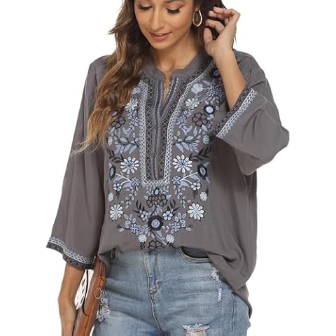 Higustar Mexican Shirts for Women Embroidered Traditional Style Tunics Floral Embroidery Tops Plus Size Peasant Blouse Grey Cover