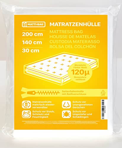 Matti-Bag Housse de Protection en Plastique pour Matelas 140 x 200 cm – 30 cm de Hauteur avec Fermeture éclair, Opaque, Extra résistant aux déchirure 120 µ pour Le Transport, déménagement, Stockage
