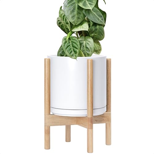 D'vine Dev Ceramic Planter with Natural Stand - 10 Inch Modern Round Flower Pot with Wood Planter Holder, White, 55-B-K-1