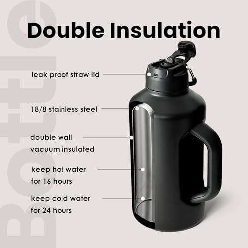 BOTTLE BOTTLE Insulated Water Bottle 64 oz with Straw and Dual-use Lid Half Gallon Jug for Men with Handle Vacuum Stainless Steel water bottle for Workout and Sports black