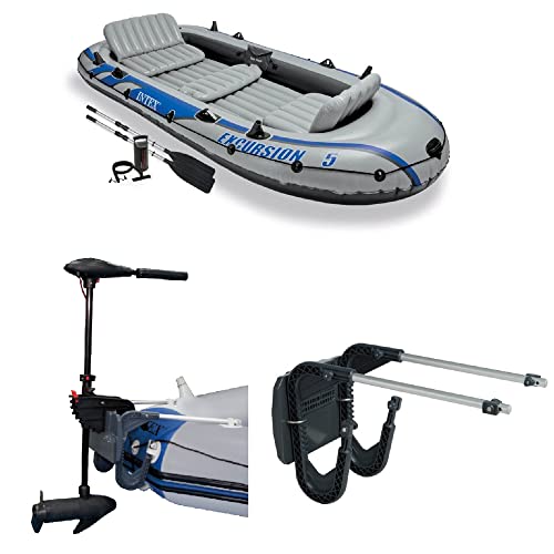 Intex Excursion 5 Person Inflatable Boat Set with 2 Aluminum Oars and Pump, Intex 12V Transom Mount Boat Trolling, and Motor Mount Kit