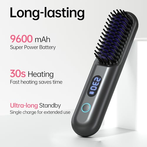 Image of Cordless Hair Straightener Brush-Portable Straightening Comb, 9600mAh Batt, Plasma Tech, 9 Temp-Settings & LED Display, for Travel & Home -Grey