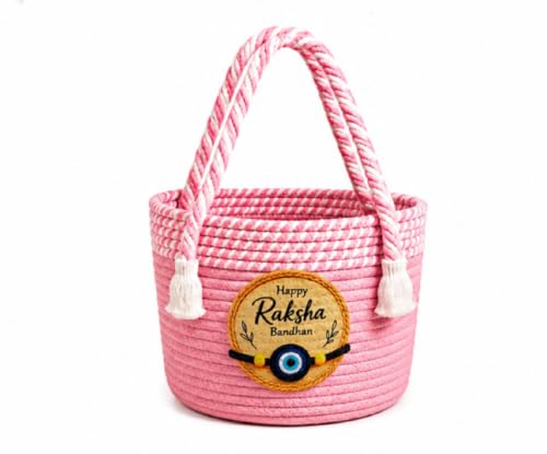 Image of BROOM Raksha Bandhan Gift Hamper Basket | Handmade Cotton Rope Storage Basket with Handle | Decorative Organizer for Chocolates, Dry Fruits, Return Gifts, Home Decor & Festive Celebration (Light Pink)