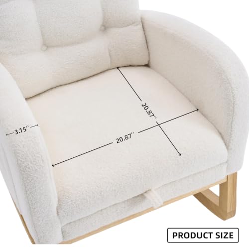 Image of Rocking Chair with Foot Rest, Nursery Rocking Chairs with Rubber Wood Legs, High Back Pocket Modern Upholstered Glider Chair, Comfy Accent Rocker Armchair for Living Room Bedroom,Beige White