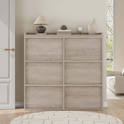 GarveeHome Shoe Cabinet with 6 Flip Drawers, Wooden Shoe Organizer Cabinet with Adjustable Shelf, Shoe Storage for Entryway, Hidden Shoe Cabinet for Hallway, Living Room, Grey by GarveeHome - Used condition - Image 3