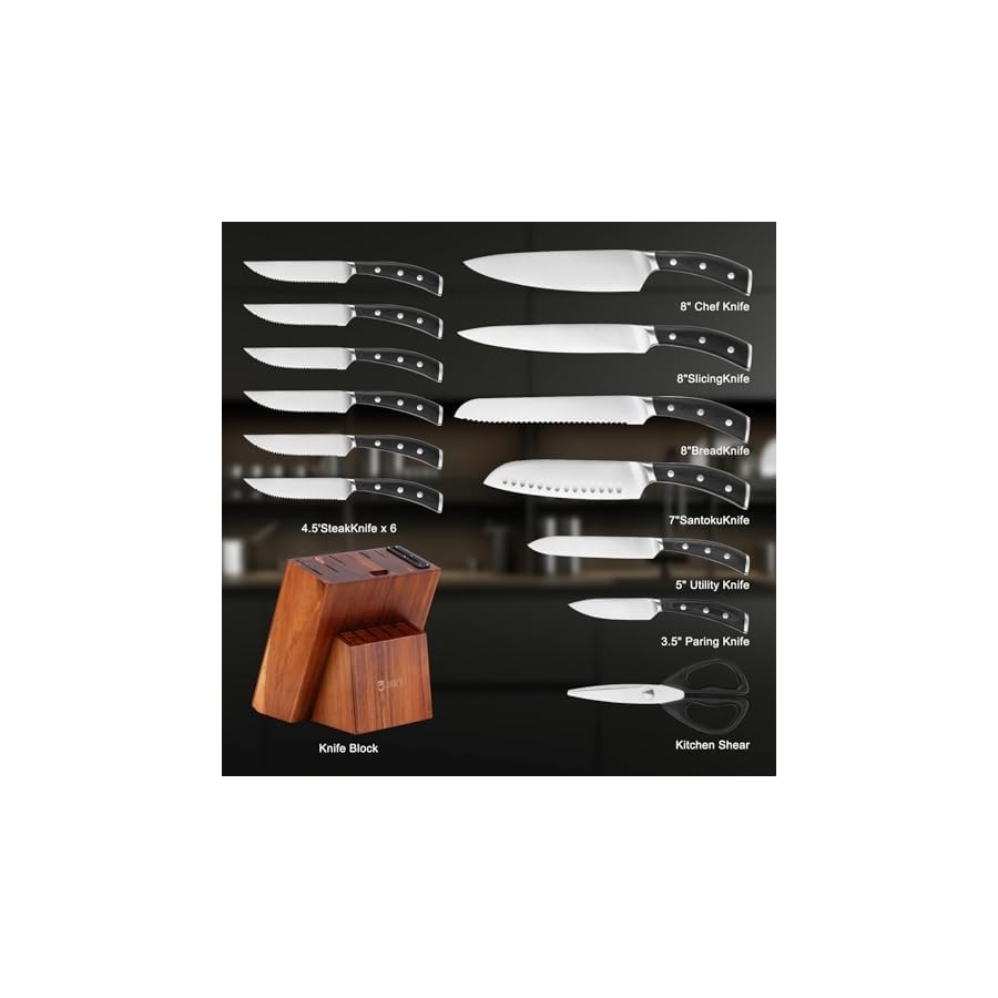 Knife Set, Jourmet 15-Piece Kitchen Knife Set with Block and Sharpener, High Carbon Stainless Steel Sharp Knives, Anti-slip Ergonomic Handle, Black Knife Block Set