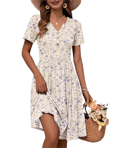 Image of WNEEDU Women V Neck Button Down Empire Waist Midi Summer Dress with Pockets