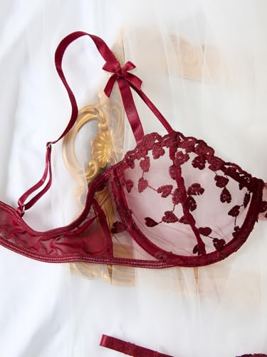 Image of Lilosy Sexy Underwire Cute Push Up Strappy Embroidered Mesh Sheer Lingerie Set See Through Panty Bra