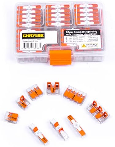 Wago Wire Connectors 90 pcs, 221 Series Electrical Connectors Assortment with Case, Includes (25x) 221-2401, (30x) 221-412, (25x) 221-413, (10x) 221-415, Compact Splicing Wire Nuts