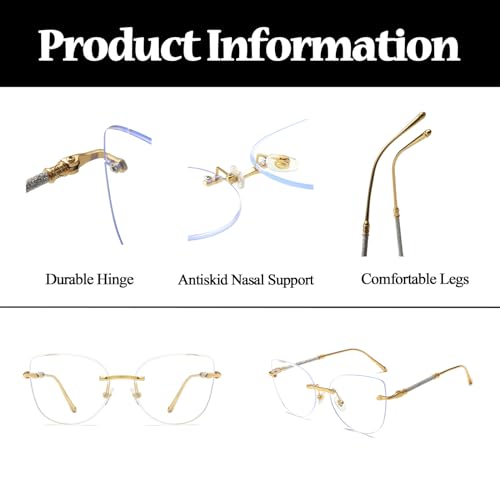 Image of LJCZKA Rimless Blue Light Blocking Glasses Women Stylish Cat eye Eyeglasses Anti Eye satrain Computer Cateye Metal Frame