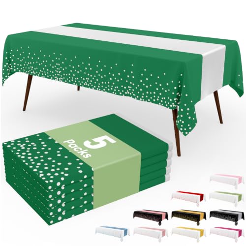 Image of Smiry Plastic Table Cloth Disposable 5 Pack, 54 x 108 Inch Rectangle Waterproof Tablecloth, Printed Gold Table Runner Style for Birthday Weeding, Party Decorations, Sturdy, White and Christmas Green