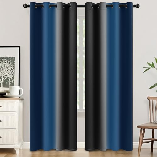 Image of SimpleHome Ombre Room Darkening Curtains 84 inches Length for Bedroom,Grommet Gradient Light Blocking Blue and Black Gradient Window Curtains for Living Room,2 Panels, 52x84 inches