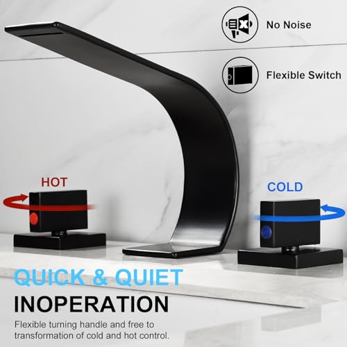 becola Black Bathroom Faucet 3 Hole,Ultrathin Low Arc 8 inch Widespread Bathroom Faucet,Waterfall Bathroom Faucet,2-Handle Modern Vanity Faucet with Hot and Cold Water Supply Hoses by becola - Used condition - Image 3