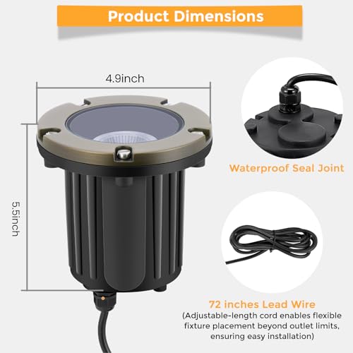 Gardencoin Brass Low Voltage Landscape Well Lights (5" Cover, 5.5" Tall), 12V LED Wired In-Ground Outdoor Up Lighting Fixture Waterproof, Adjustable Beam Direction Base, Without MR16 Bulb (12 Pack) - Image 6