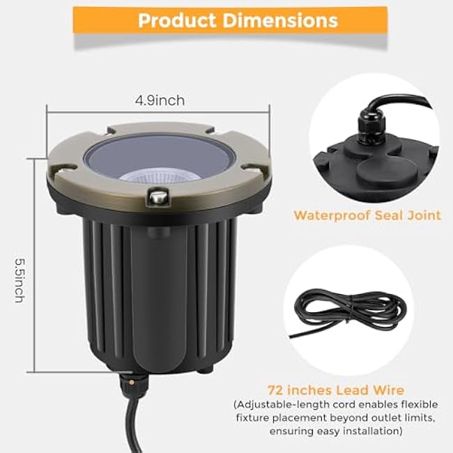 Gardencoin Brass Low Voltage Landscape Well Lights (5 Cover, 5.5 Tall), 12V LED Wired In-Ground Outdoor Up Lighting Fixture Waterproof, Adjustable Beam Direction Base, Without MR16 Bulb (12 Pack)