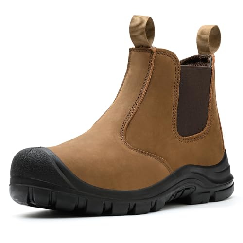 Mens steel toe Work Boots Chelsea Safety Boots Leather slip on Waterproof Lightweight Working Boots