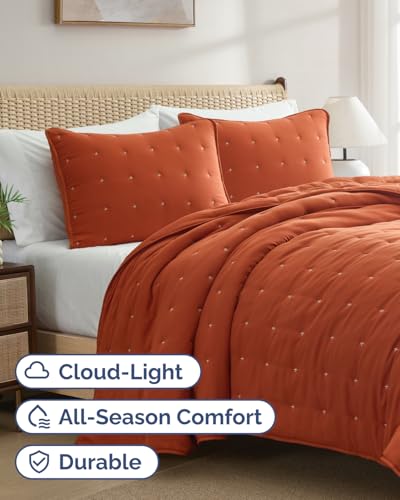 Image of Quilts Queen Size - Bedspread for Queen Size - Lightweight Comforter Set - Quilt Bedding Set for All-Seasons - Soft, Breathable & Comfy - Summer Coverlet with 2 Pillow Shams - 90 inch x 96 inch, Terracotta