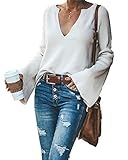 HZSONNE Women's Bell Sleeve Sweater - Crew Deep V Neck Kimono Loose Fit Solid Pullover Knitted Jumper Tops Knitwear (White, Medium)