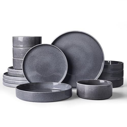 Image of Famiware Annecy Plates and Bowls Sets, Service for 4 (16 Pieces), Dinnerware Sets with Pasta Bowls, Microwave and Dishwasher Safe Dishes Set, Chip and Scratch Resistant, Misty Blue