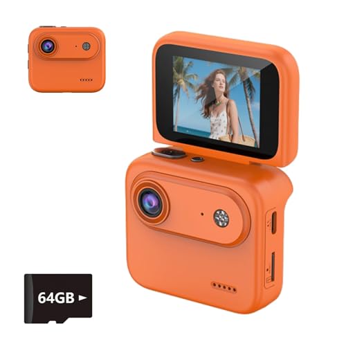 SUMFGO Mini Digital Camera with Flip Screen 1080P Retro Keychain Camera Orange 64GB Memory Card Included