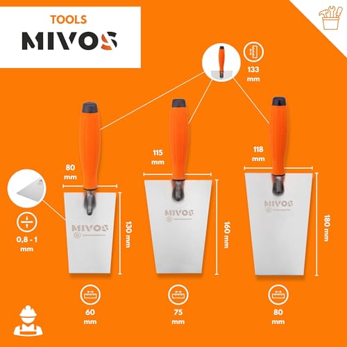 Mivos Edelstahl Trapezkellen-Set 3-teilig 130 mm 160 mm 180 mm – Rostfreie Maurerkellen in Trapezform - Stukkateurkellen mit Gummigriff - Trapez Glättekellen - Made in EU