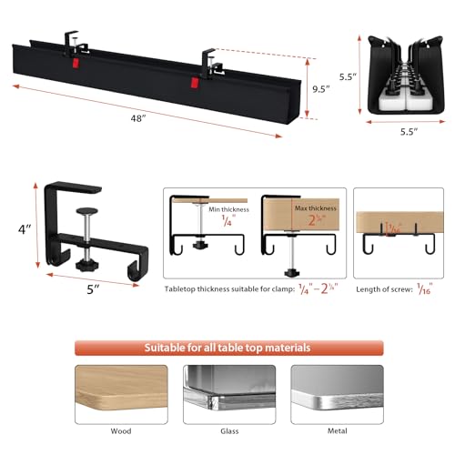 Image of Univivi No Drill Under Desk Cable Management Tray, 48 inch Cord Organizer for Table, Clamp /Screw Mount Desk Cable Management, Premium Fabric Cable Management Tray for Office, Home (Extra Large)