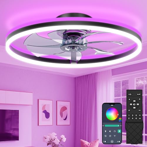 Image of VOLISUN RGB Ceiling Fan with Lights and Remote, 23.6in Low Profile Ceiling Fan Flush Mount, 3000K-6500K Dimmable Fandelier LED Fan Light, Black Bladeless Ceilings Fans for Bedroom
