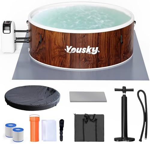 Inflatable Hot Tub, 4-6 Person Portable with 174 Bubble Jets, 42°C Heating & Filtration System, Durable PVC Material, Hot Tub Cover, Ground Mat & Storage Bag, Easy Set-Up for Outdoor Use