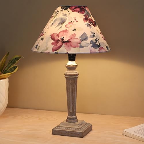 Image of tu casa Hand Carved Equine Wooden Base Table Lamp with Cobra Saffron Print with Satin Shade for Home Decoration Bedroom Living Room Lounge Office Festival Gifting Study Table H - 15 inch / No Blub