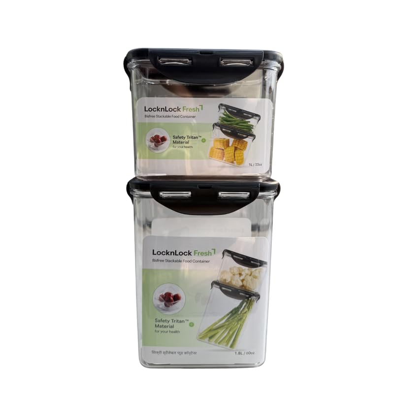 Image of LocknLock Bisfree Modular Storage Container Setof 2 (1000ml + 1800ml) | Stackable Airtight Food Containers | Microwave, Freezer & Dishwasher Safe | BPA Free Kitchen Storage Boxes