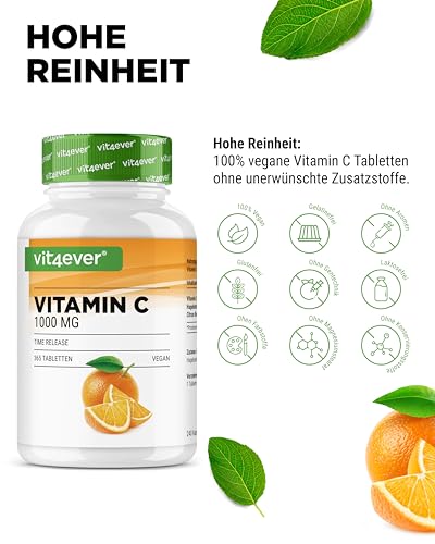 vit4ever Vitamin C 1000 mg - 365 Tabletten im Jahresvorrat - Time Released Effekt - Laborgeprüft - Vitamin C + Hagebuttenextrakt + Citrus-Bioflavonoide - Vegan - Hochdosiert