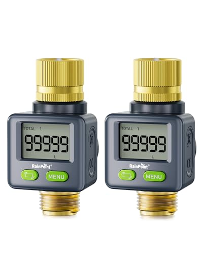RAINPOINT Water Flow Meter with Brass Inlet & Outlet, 180° Screen-Flip Water Meter, Measure Gallon/Liter Consumption for RV Filling, Garden Watering, Sprinkler and Hoze Nozzle, 2pcs