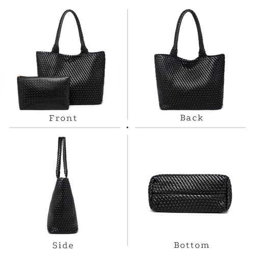 Woven Tote Bag for women,Vegan Leather Woven Handbag, Shoulder bag with Pouch, fits13-14” laptops4