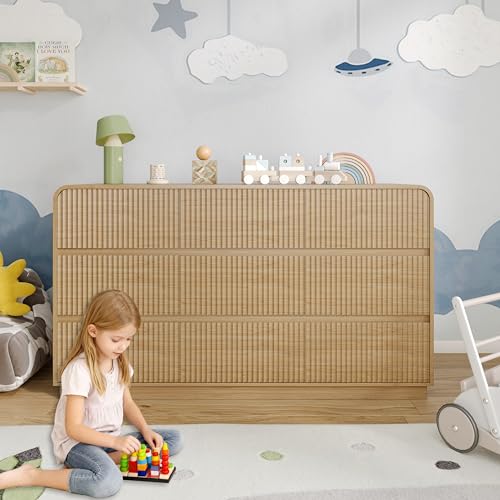 Image of BORNOON Dresser for Bedroom with 9 Drawers, Fluted Chest of Drawers with Round Curved Corner, Hidden Handles, Modern Wood Storage Organizer for Bedroom, Nursery, Living Room