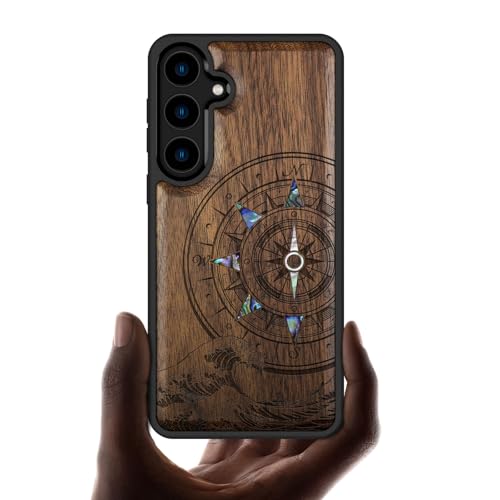 Cover Compatibile per Galaxy S24 Custodia Naturale Legno Incisione in legno e intarsio di cozze Antiurto TPU per Samsung S24 5G Case Noce-Wave Compass