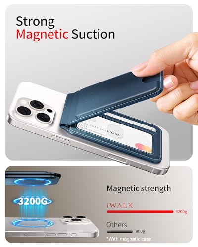 iWALK Stronger Magnetic Wallet, Upgraded for MagSafe Wallet, RFID Blocking, 5 Card Holder with Adjustable Stand, Slim Leather Phone Wallets for iPhone 16/15/14/13/12 Series, iPhone Wallets Navy Blue2