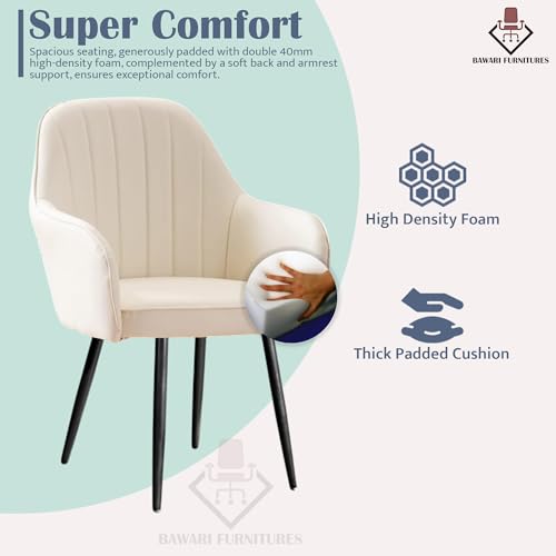 Image of Plush Dining Chair | Accent Chair for Living Room Bedroom Restuarant | Velvet Fabric & Thick Cushion Seat with Sturdy Glossy Metal Legs (Black Legs, White)