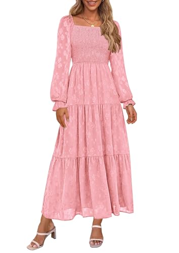 PRETTYGARDEN Fall Wedding Guest Dresses for Women 2025 Floral Long Sleeve Smocked Tiered Elegant Long Flowy Boho Dress